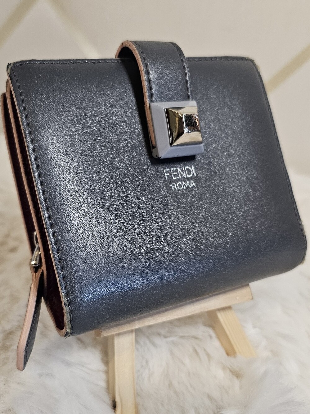Fendi Roma Gray Leather Wallet with Stud Closure
